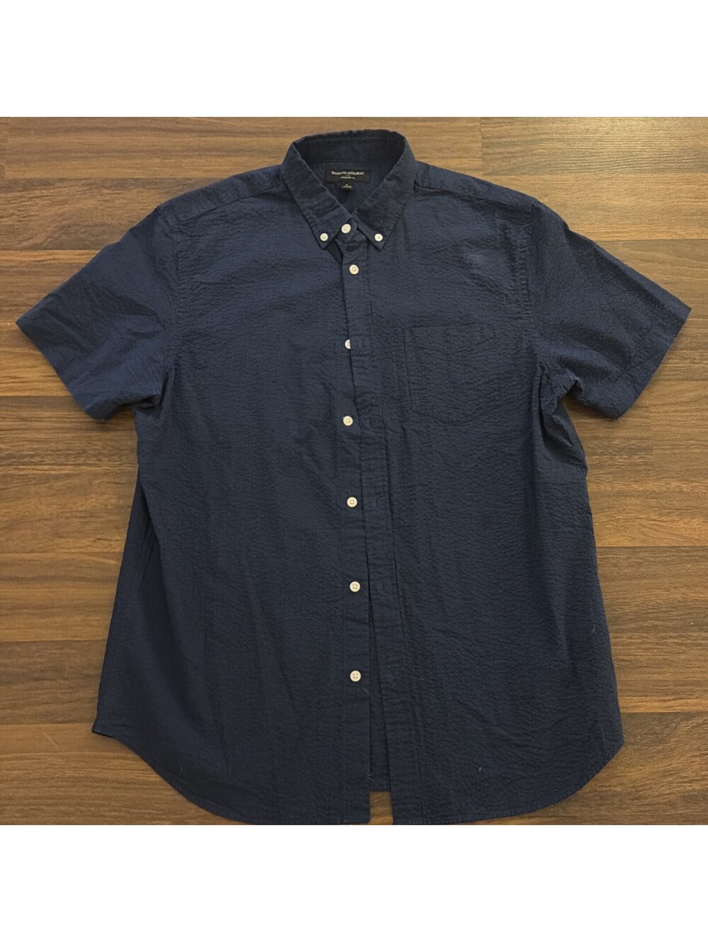 Banana Republic Standard Fit Blue Seer Sucker Button Short Sleeve Shirt Men's L